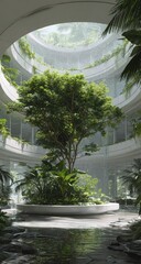 Lush indoor atrium with a central tree, surrounded by multiple levels of walkways and foliage