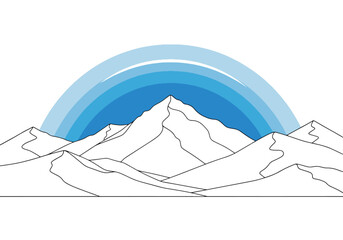 A minimalist line art drawing of a mountain range with a stylized blue arch in the background.