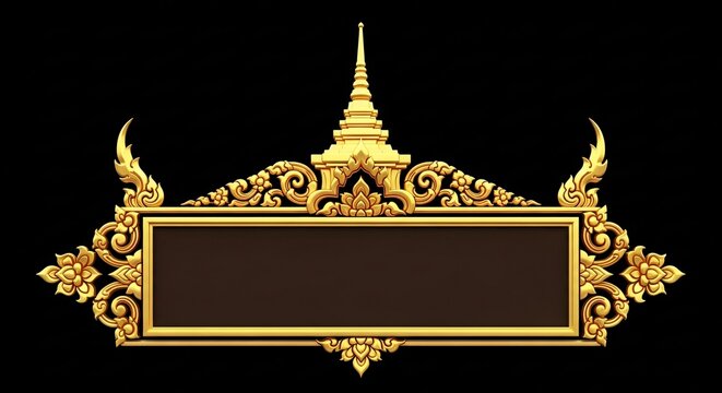 Ornate golden Thai floral frame decorates a temple wall, a vintage Asian design