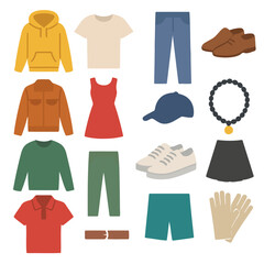Fashion Essentials Collection: A comprehensive ensemble of various clothing items, including jackets, shirts, trousers, accessories like belt, shoes, cap, and dress.