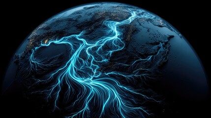 Earth globe, highlighted global waterway network