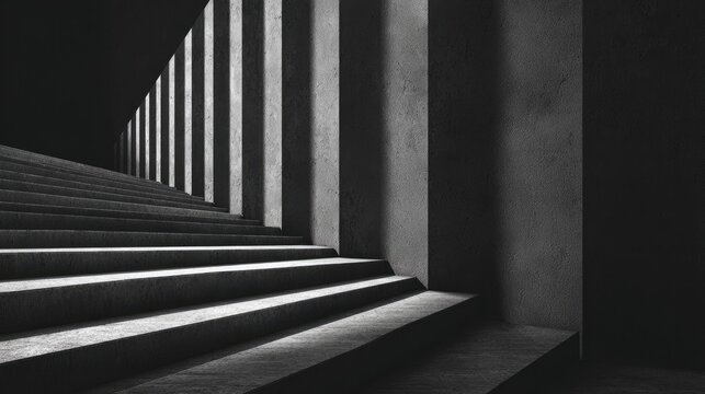 Dark, concrete stairs ascend, light streaks through pillars