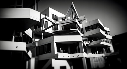 A complex architectural structure with layered geometric shapes and balconies, creating an intriguing black and white composition.