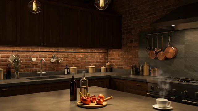Industrial Loft Kitchen Interior with Brick Walls and Edison Bulbs