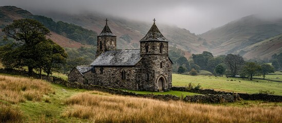 Old stone church nestled in a valley, surrounded by fields and hills under a misty sky