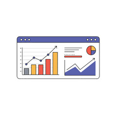 Minimalist 2D flat vector financial analytics dashboard featuring a dynamic line graph, two KPI panels, and an upward trend, solid colors, clean white background.