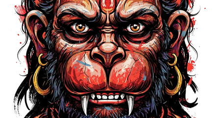 A fierce, detailed illustration of a monkey deity with piercing eyes, sharp teeth, and golden earrings, rendered with vibrant red and blue accents.