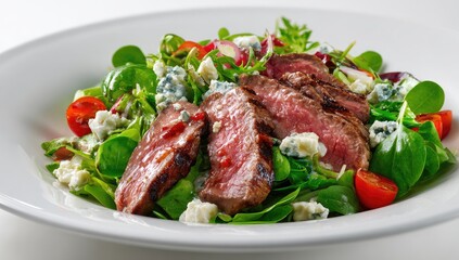 Grilled steak slices atop mixed greens salad with blue cheese and cherry tomatoes