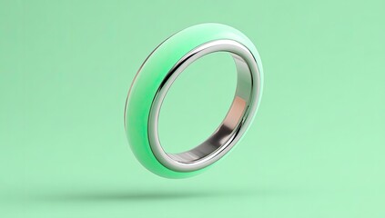 Mint green ring, metallic silver band, floating on mint background