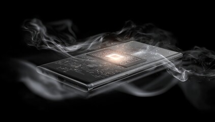 Smartphone processor, a sleek black device with a visible central processing unit (CPU), emitting smoke, highlighting its powerful performance