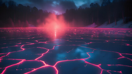 Eerie, glowing pink cracks illuminate a frozen lake at night, surrounded by a dark forest.