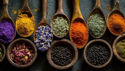 Wooden spoons and small bowls filled with various colorful spices on a dark gray surface