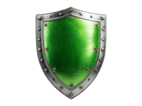 Green metal shield medieval knight protection security, Isolated On White Background, Png Transparent