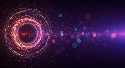 Abstract glowing particle ring with bokeh lights and dark background for futuristic digital concept
