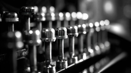 Close-up of lined up knobs, metal hardware in sharp focus, grayscale depth