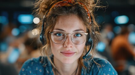 Dedicated call center agent with friendly smile assisting clients in modern office, offering support and solutions with focus on customer service and communication