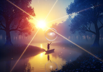 A person in a small boat on a tranquil lake, reaching towards a glowing sphere depicting a galaxy, bathed in warm sunrise colors amidst a mystical forest.