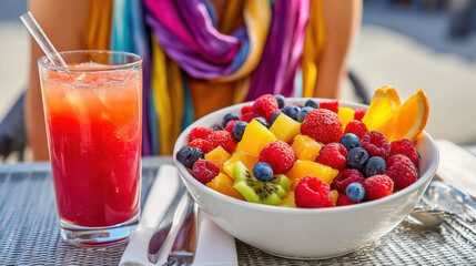 Fresh fruit bowl with berries and tropical slices next to refreshing summer drink perfect for brunch ideas on sunny day