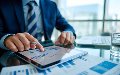 Businessman analyzing financial data on a tablet with charts and graphs in an office setting