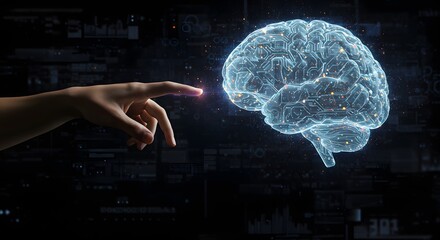 Digital brain with hand touching it, representing artificial intelligence and cognitive enhancement concept