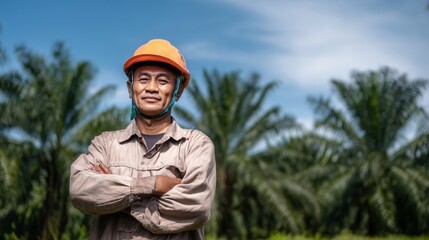 A confident Indonesian palm oil farmer with a neutral expression.