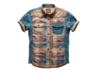 Mens plaid denim short sleeve button down shirt casual fashion apparel, Isolated On White Background, Png Transparent