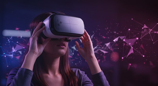 Woman using vr headset in a dark room with abstract geometric shapes and neon lights for immersive experience