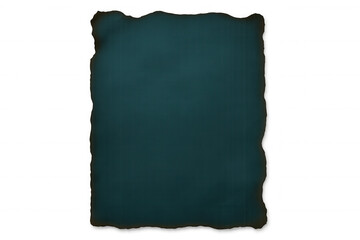 Dark turquoise paper sheet with charred edges, creating dramatic textural element for graphic design backgrounds or overlays
