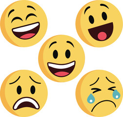 A set of cheerful yellow smiley faces with different emotions, icons, and expressions.