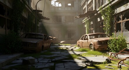 Obraz premium Post-Apocalyptic Urban Street 3D Render – Cinematic Environment