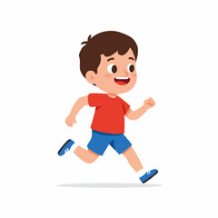 A cartoon illustration of a young boy with brown hair, wearing a red t-shirt and blue shorts, running happily with a cheerful expression.