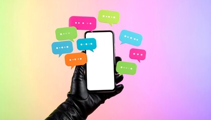 A hand in a black glove holds a smartphone with colorful chat bubbles