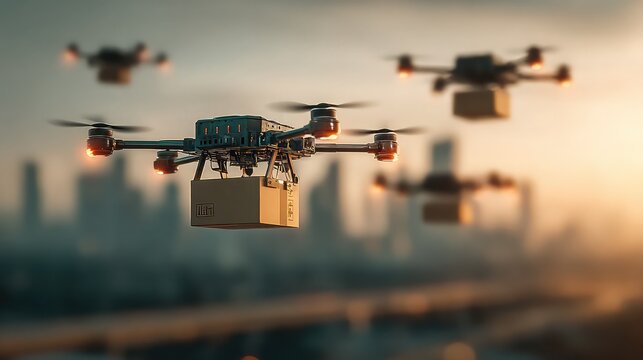 Drones delivering packages over modern cityscape at sunset offer speedy shipping solutions and logistics innovation showcasing the future of delivery services