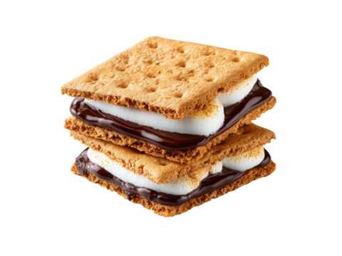 Delicious double stacked s'mores graham crackers marshmallows chocolate, Isolated On White Background, Png Transparent