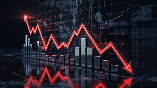 Stock market graph and chart on red background showing financial growth and decline concept