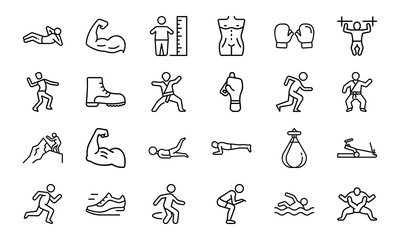 Fitness and Workout Line Icons Set Exercise, Gym Training, Weightlifting, Yoga, Martial Arts, Boxing, Running, Swimming, Sports and Healthy Lifestyle Vector Illustrations