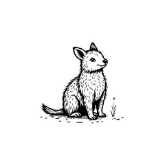 A delightful illustration of a stylized fox pup sitting sweetly observing its surroundings in