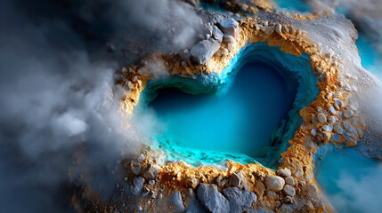 Aerial view of a geyser with blue water surrounded by rocks and steam clouds
