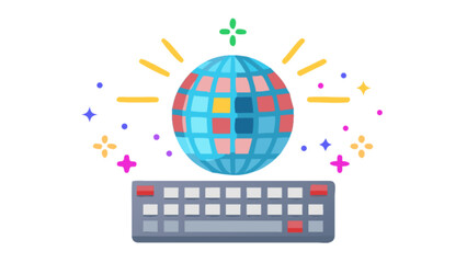 Illustration of a disco ball with keyboard and sparkles creating a festive and playful scene online party