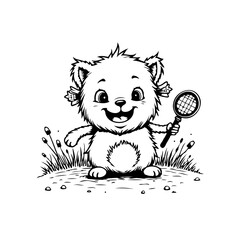 Adorable illustrated character playing tennis on a grassy hill brings cheerfulness and amusement