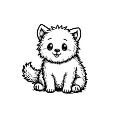 Adorable illustration of a fluffy puppy with expressive eyes sits and looks forward sweetly in