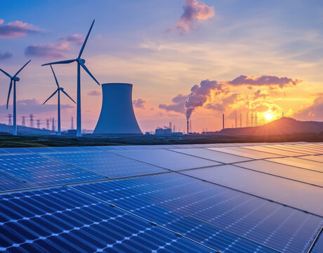 Renewable energy sources including solar panels wind turbines and nuclear power plant isolated on transparent background