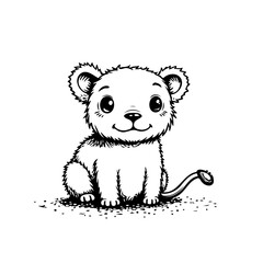 Adorable monochrome lion cub illustration showcasing innocence and charm in a simple line art