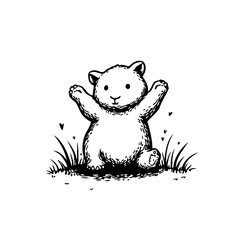Adorable monochrome illustration of a bear cub sitting among grass with arms outstretched inviting