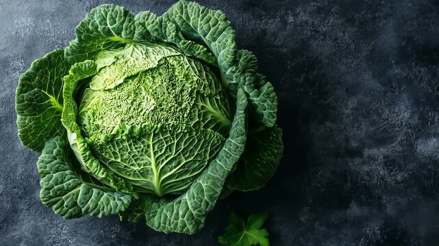 A whole savoy cabbage with ruffled green leaves on a dark textured surface