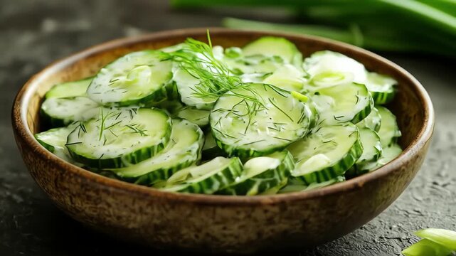 A wooden bowl filled with creamy cucumber salad and dill