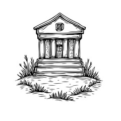 Architectural linework of a solemn structure atop a mound evoking timeless elegance and stark