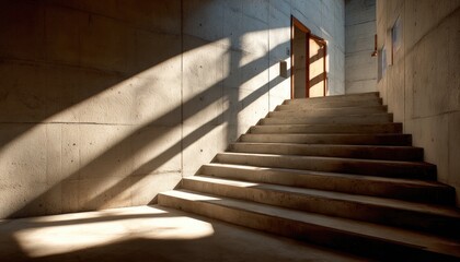 Fototapeta premium Sunlight streams through a concrete hallway, illuminating a stairway
