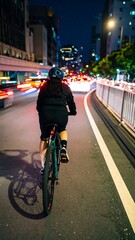 Fototapeta premium Cyclist riding at night in the city