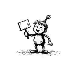 Cartoonish joyous figure cheerfully holding blank sign illustration perfect for playful designs